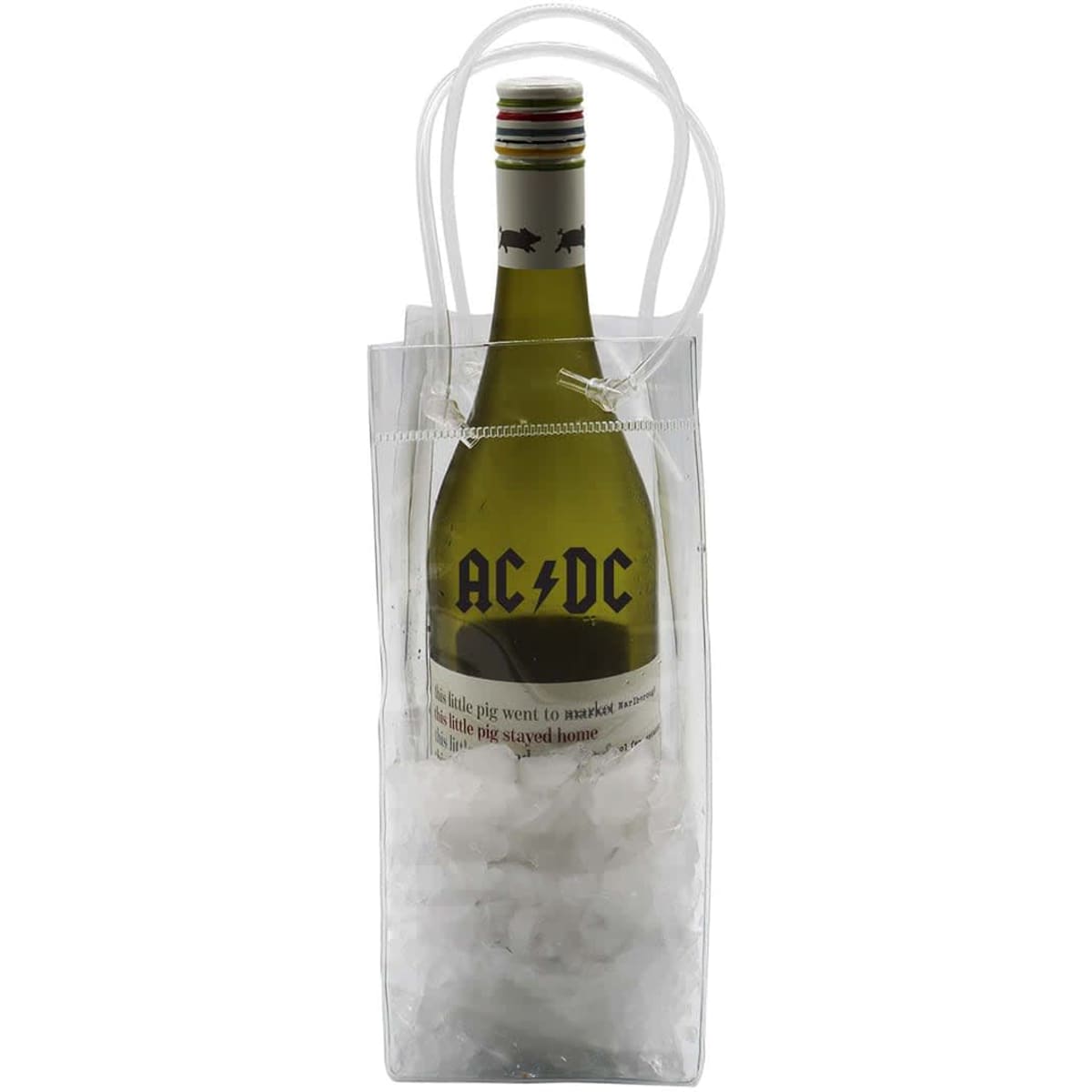 A clear cooler bag containing ice and a wine bottle, featuring a logo at the top and handles for carrying.