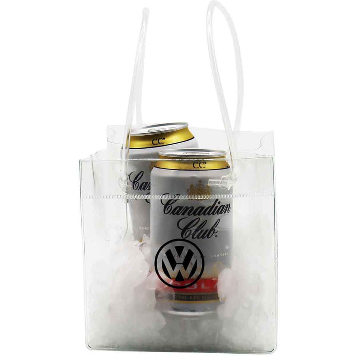 A transparent cooler bag holding two cans of Canadian Club, filled with ice, featuring a logo on the front.