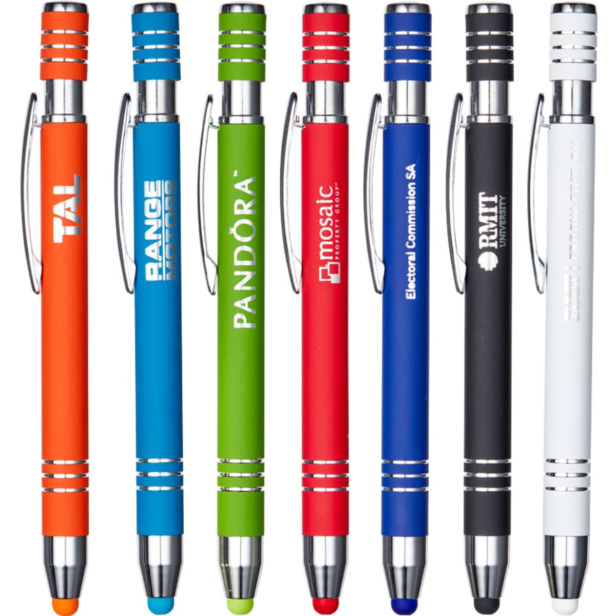 A set of eight metal pens in various colours, including orange, green, blue, red, black, and white, featuring clips and branding.