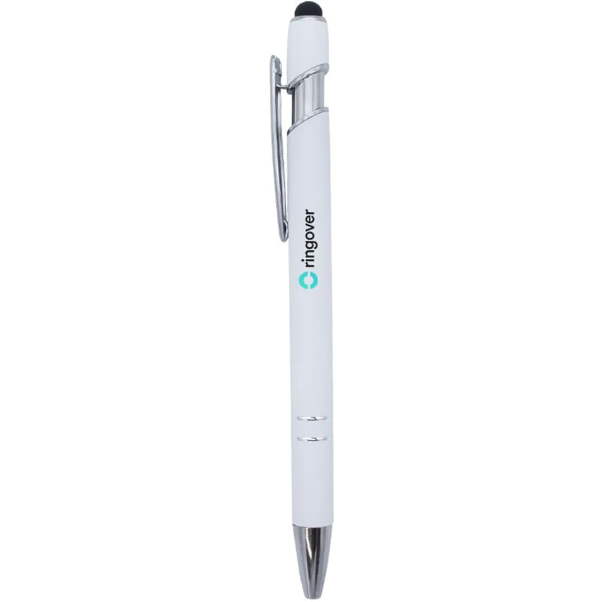 A white metal pen with a silver clip and black stylus tip, featuring a logo on the barrel.