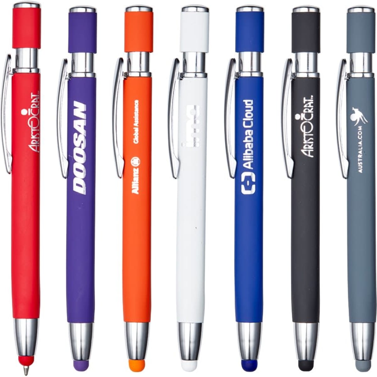A collection of metal pens in various colours, including red, purple, orange, white, and grey, featuring branding.