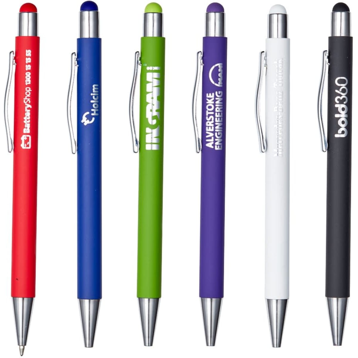 A collection of metal pens in red, blue, green, purple, white, and black, featuring various designs and a logo on each.