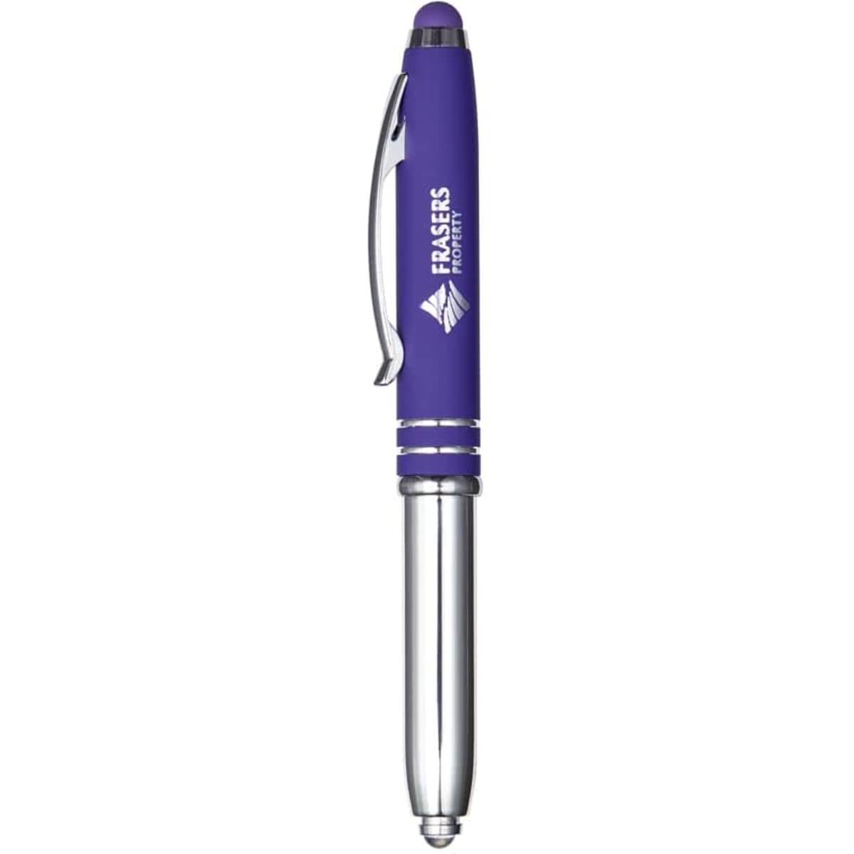 A purple stylus pen with a silver clip and tip, featuring a logo on the barrel.