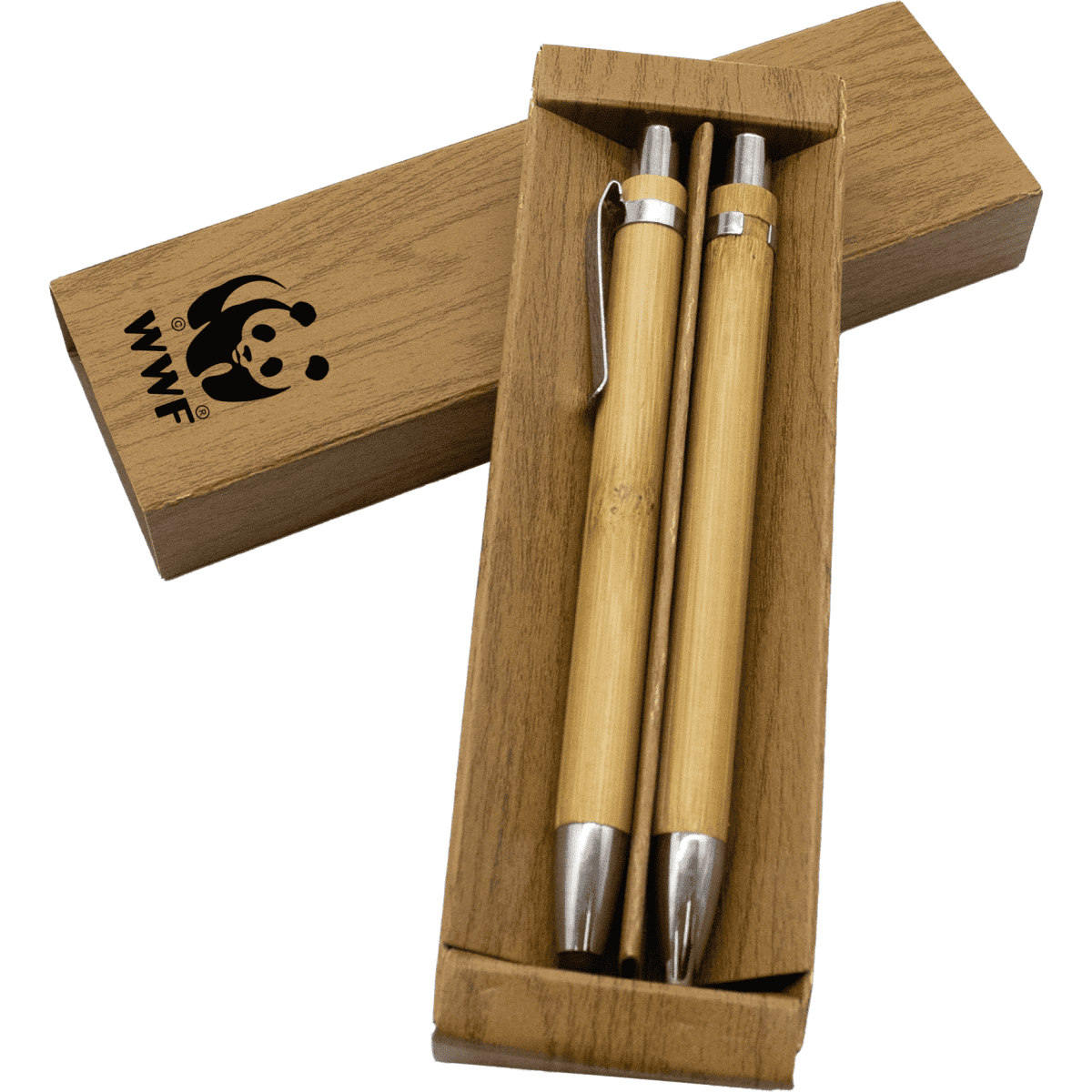 A bamboo pen set in a wooden box, featuring two pens with silver accents and a branding logo.
