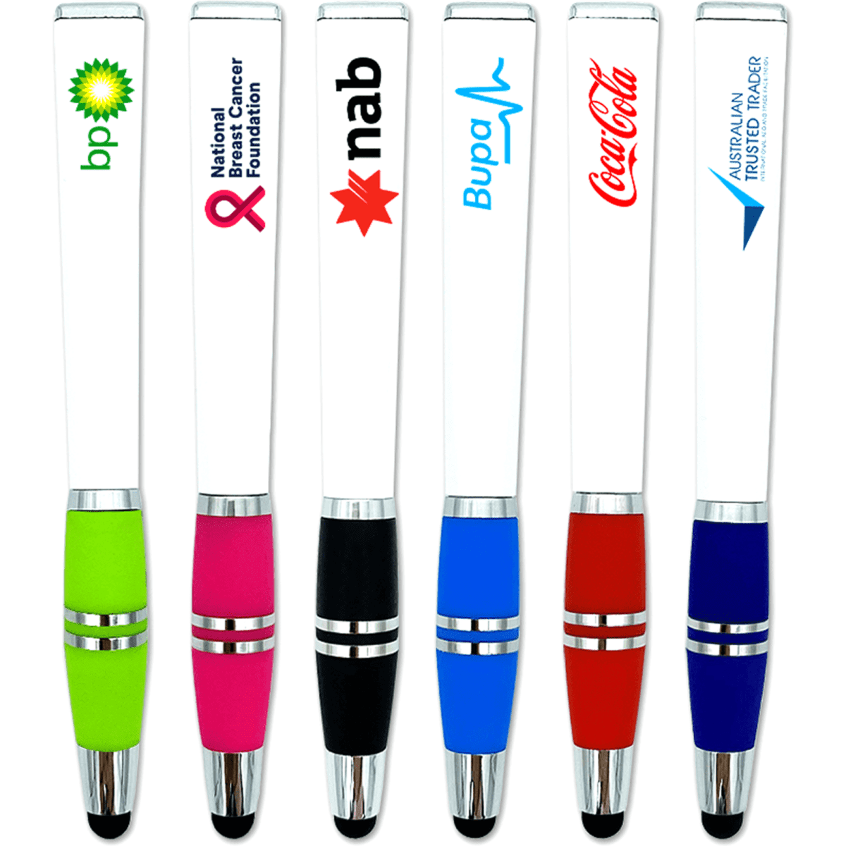 A collection of six stylus pens in green, pink, blue, and black, with various logos on a white background.