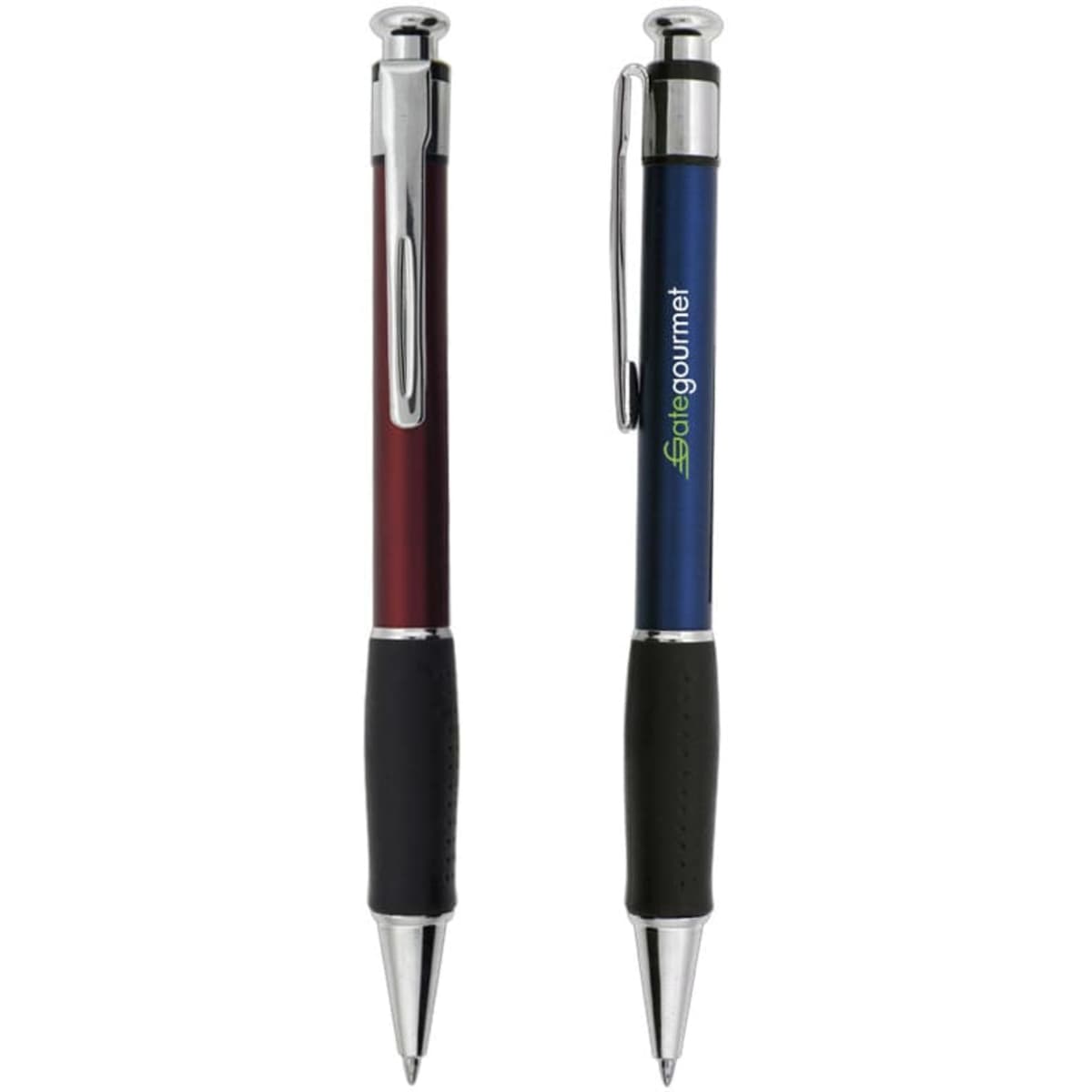 A promotional set of two plastic pens: one in burgundy with a silver trim, the other in blue with a black grip. Each has a logo.