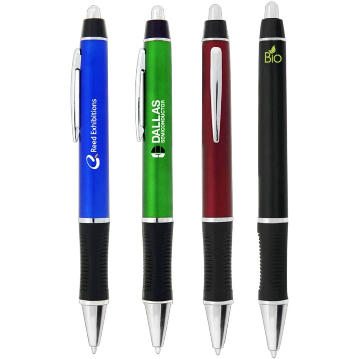 A collection of four plastic pens in blue, green, red, and black, featuring a logo on each pen.