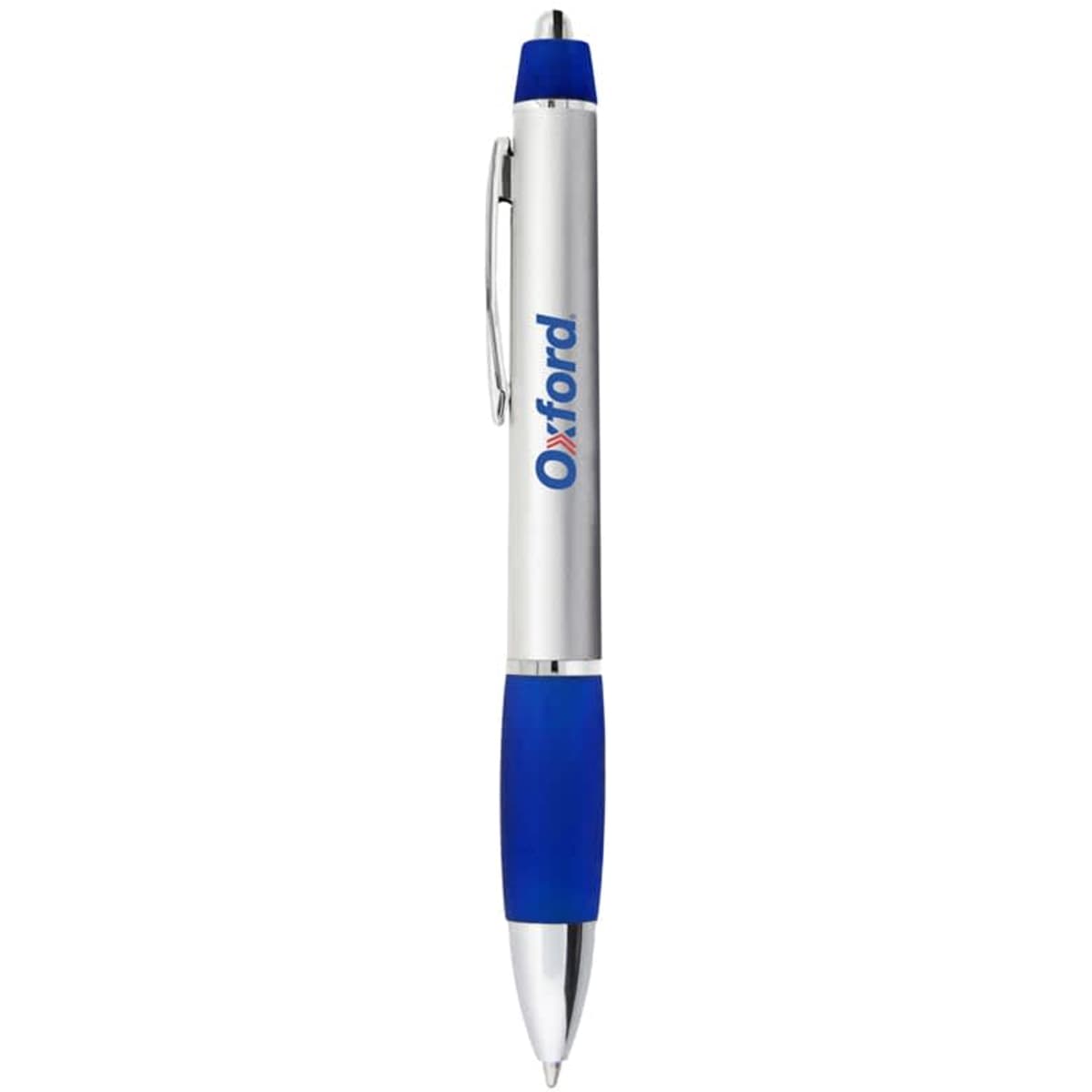 A metal pen with a silver body and blue grip, featuring a logo. Ideal for promotional use.