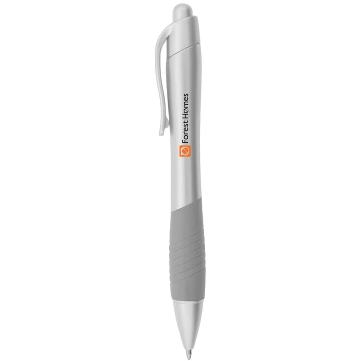A stylus pen featuring a metallic silver body with grey grip and branding on the side.