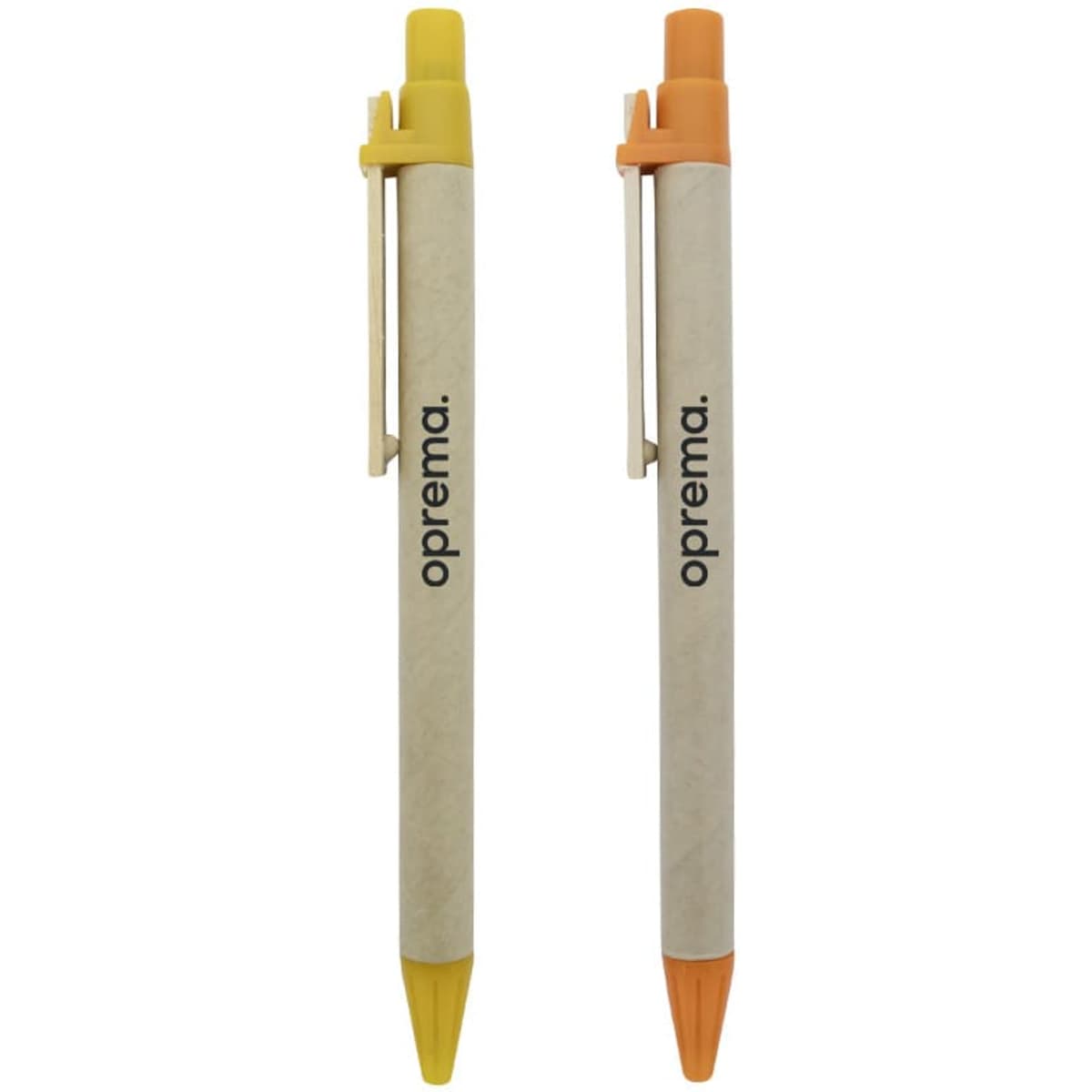 Two pens are displayed, one in yellow and the other in orange, both featuring a branding logo.