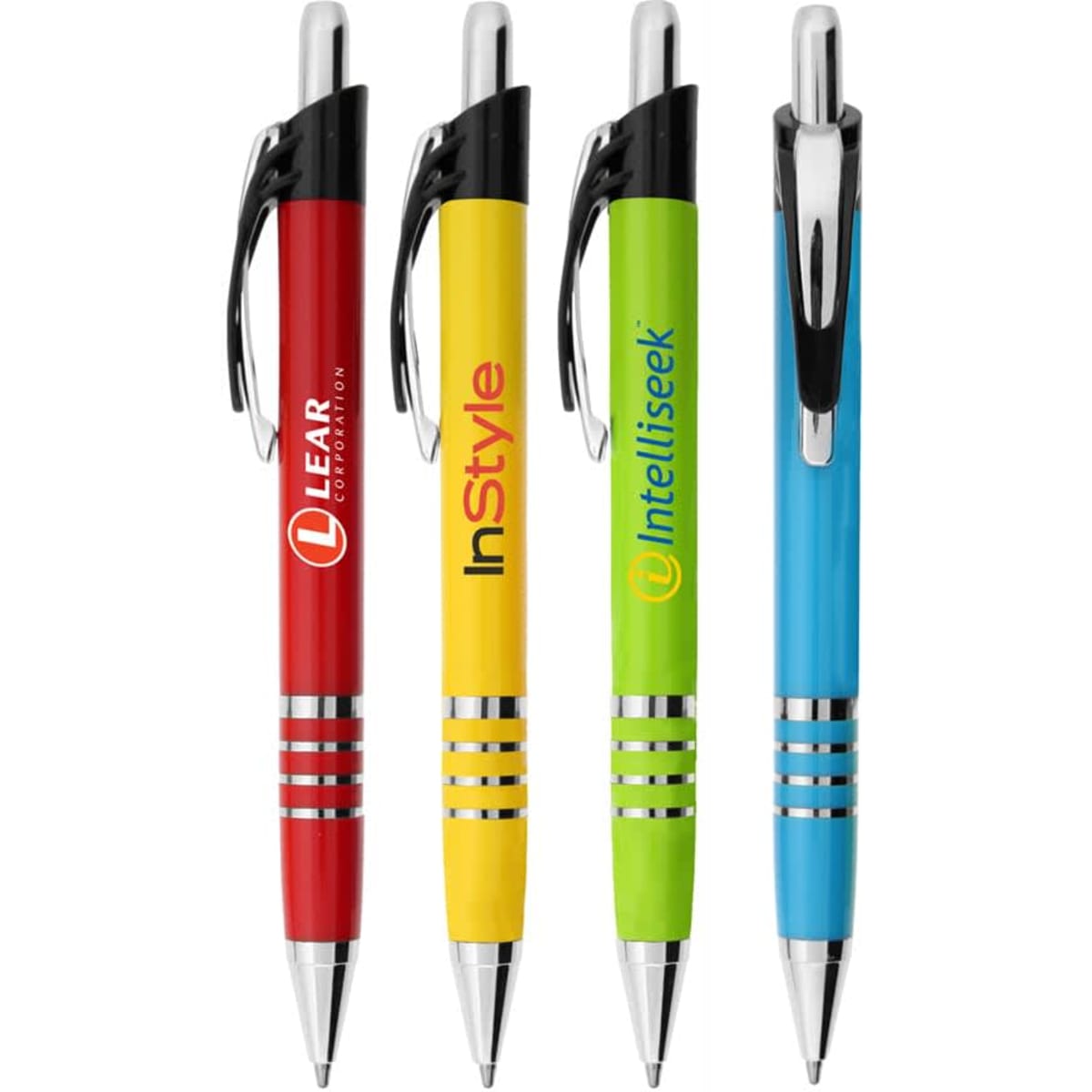 A collection of four metal pens in red, yellow, green, and blue, each featuring a logo and a sleek design.