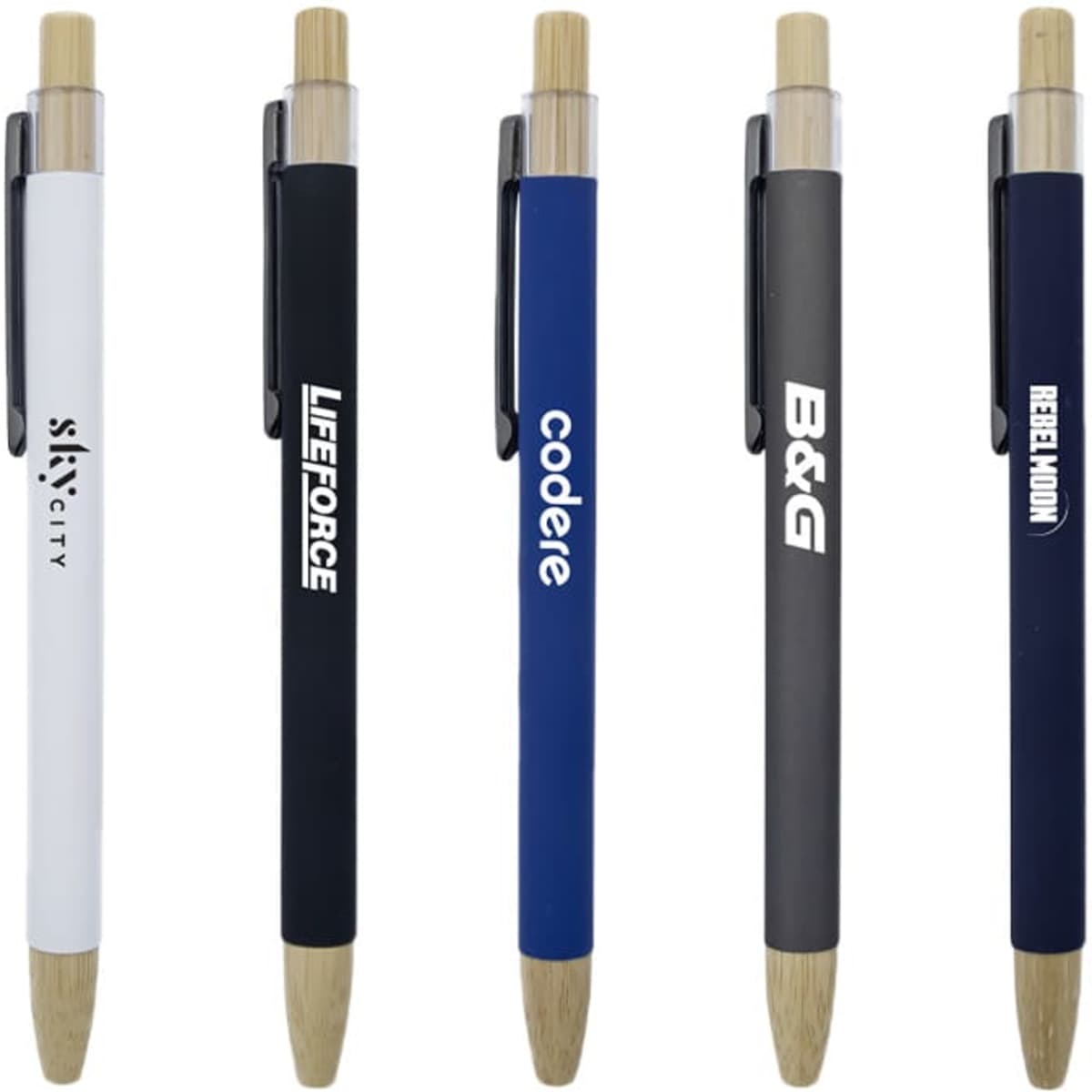 A collection of bamboo click pens in white, black, blue, dark grey, and natural finishes, each with a clip and branding.