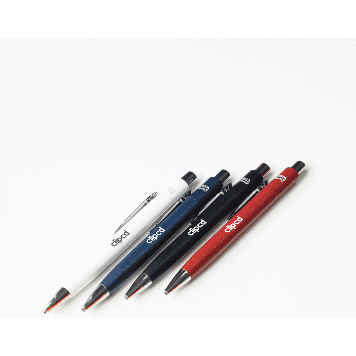 A collection of metal pens in red, white, navy, and black, featuring a logo on each pen.