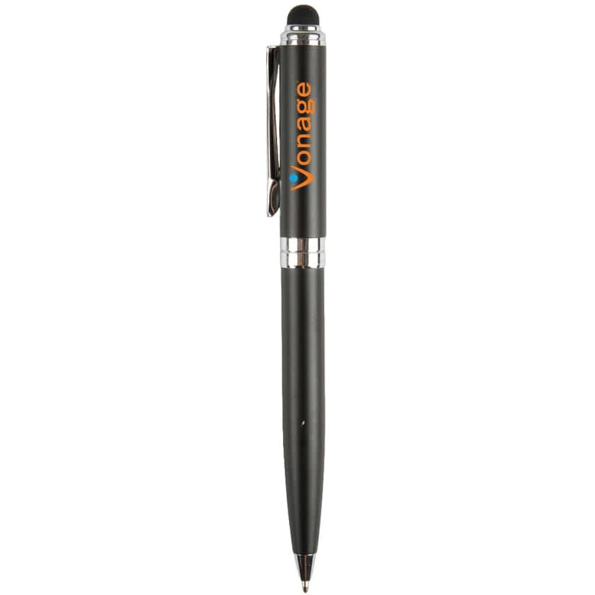 A black stylus pen featuring a silver clip and a logo. The pen has a smooth finish and a retractable tip.