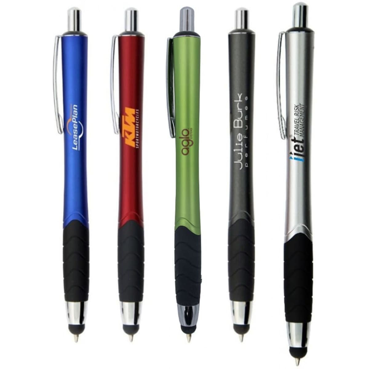 A collection of five stylus pens in blue, red, green, grey, and silver, each with a rubber grip and branding.