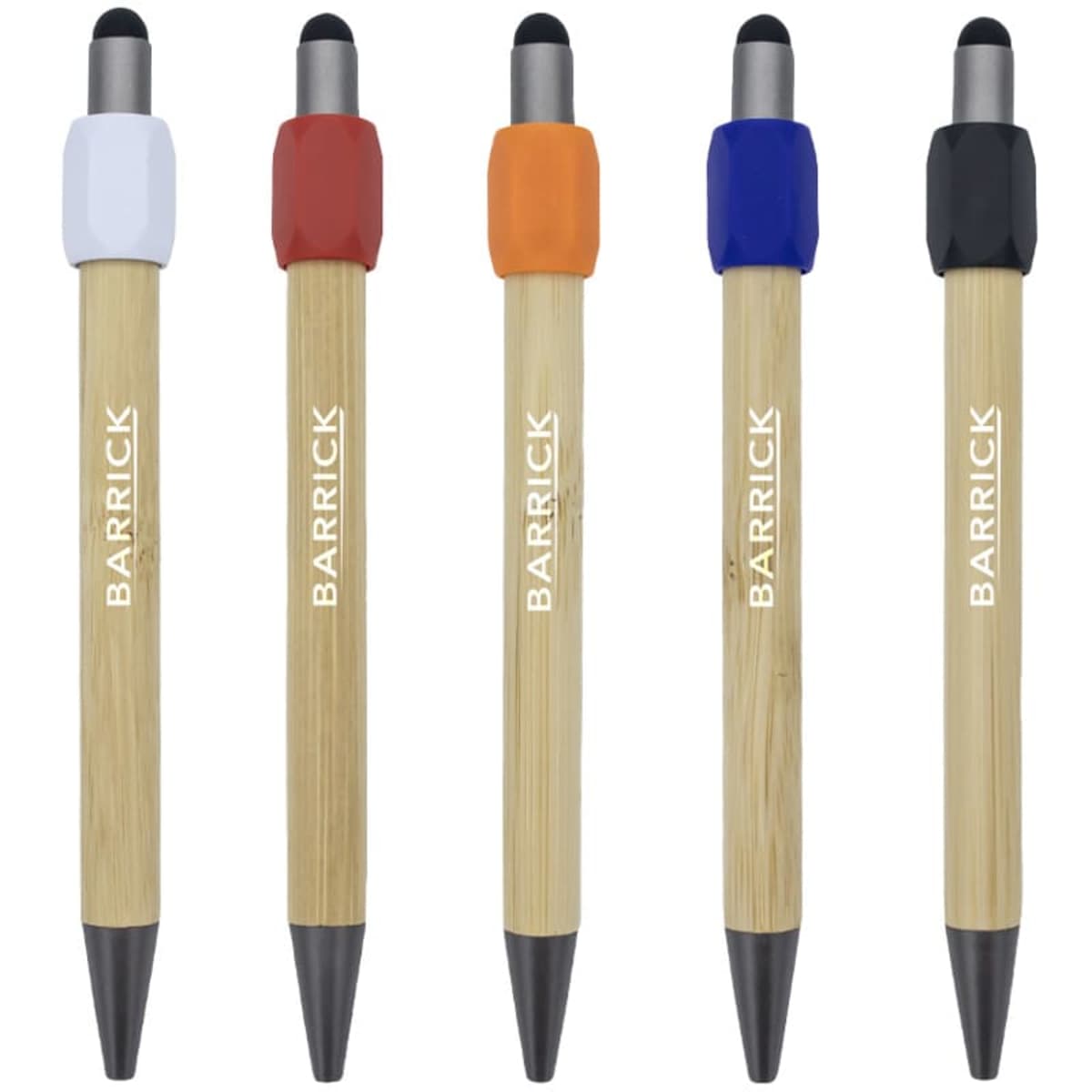 A set of five Harley Bamboo Spinner Pens featuring bamboo barrels with coloured rubber grips in white, orange, blue, and black.