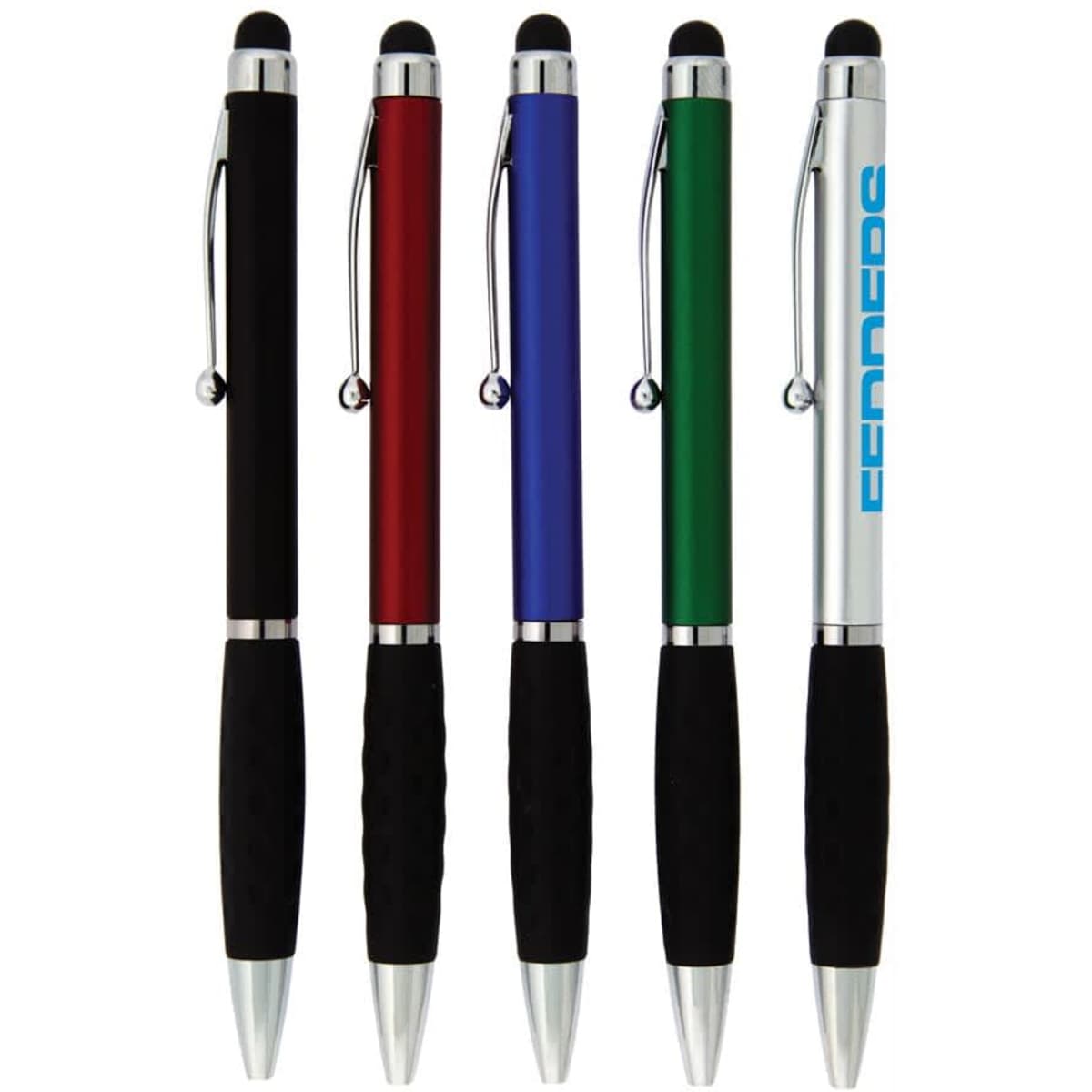 A collection of five stylus pens in black, red, blue, green, and silver, each featuring a black rubber grip and a logo.