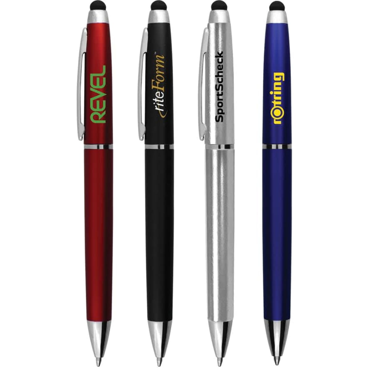 A selection of four stylus pens in red, black, silver, and blue, each featuring a logo.