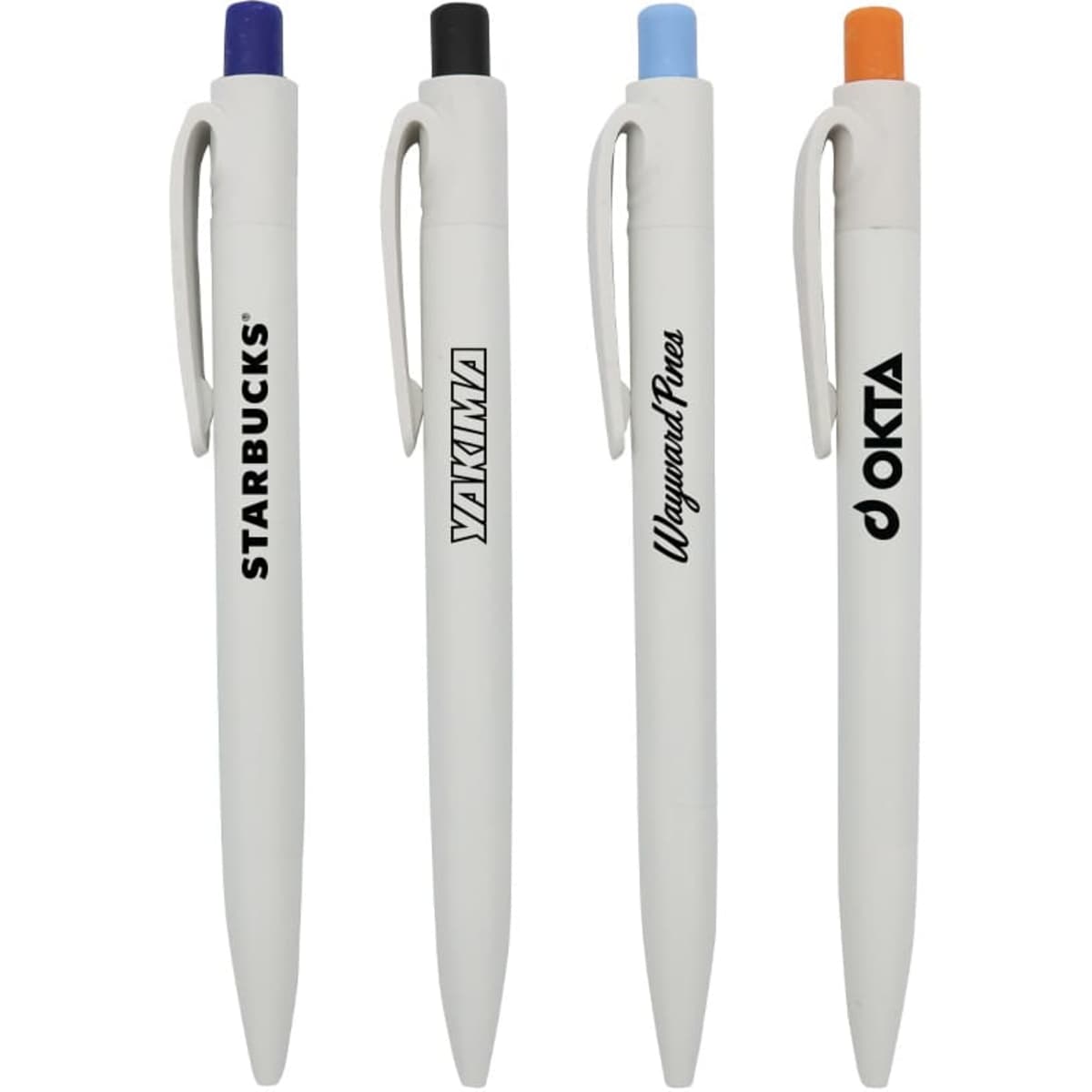 A collection of four white plastic pens with various coloured caps: purple, black, blue, and orange, each featuring a logo.