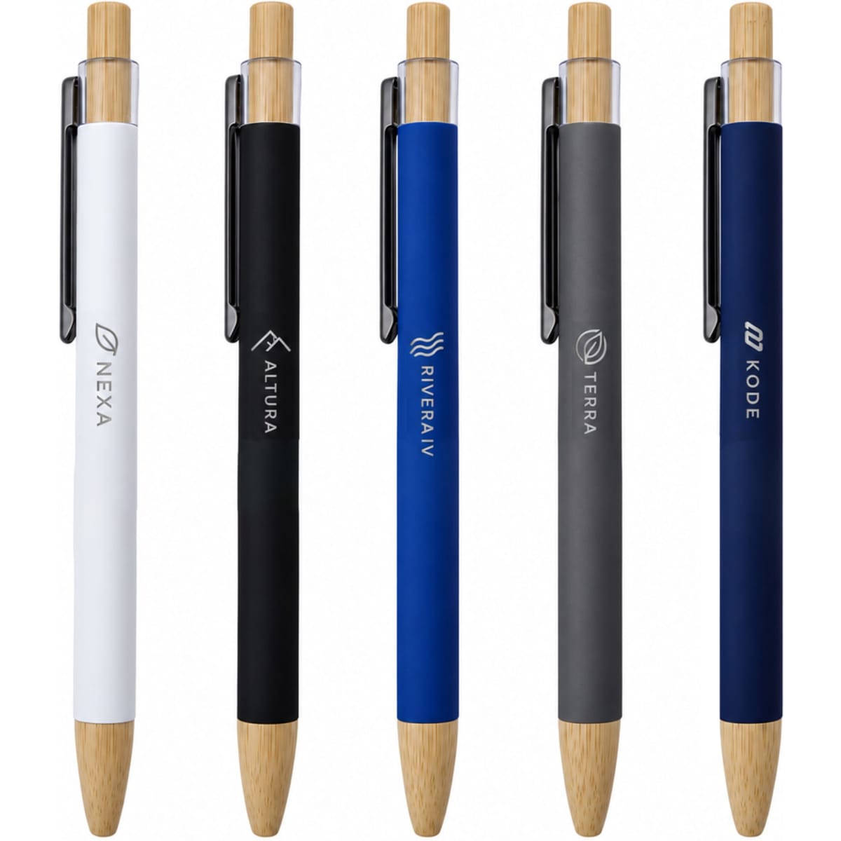 A collection of Abele Bamboo Click Pens in white, black, blue, grey, and a natural bamboo finish, featuring branding.