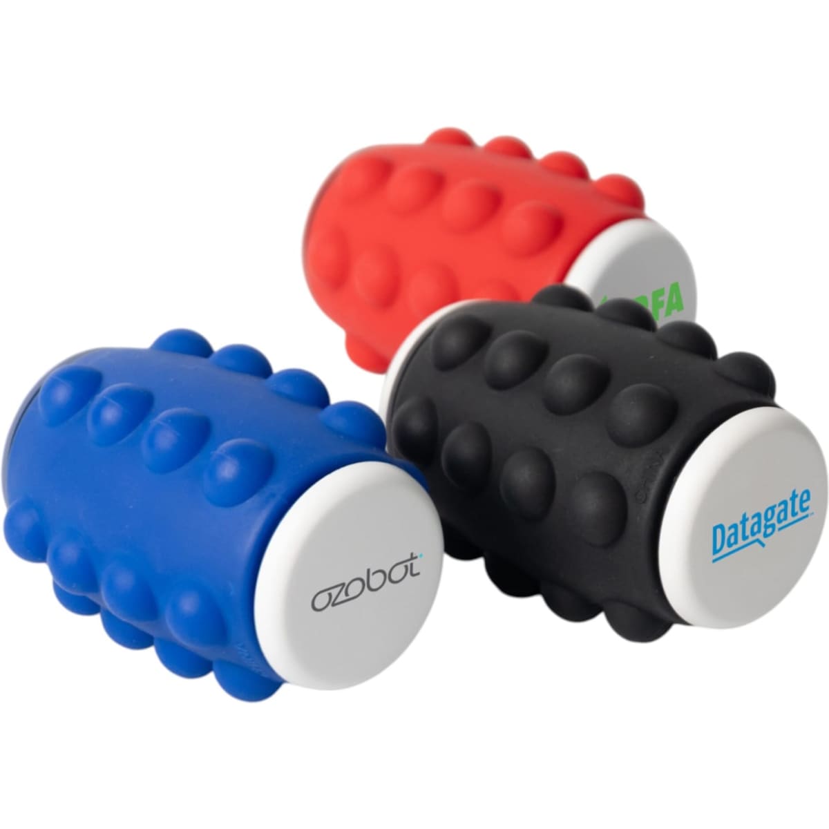 A set of three novelty spinners in blue, red, and black with textured surfaces and logos on the ends.