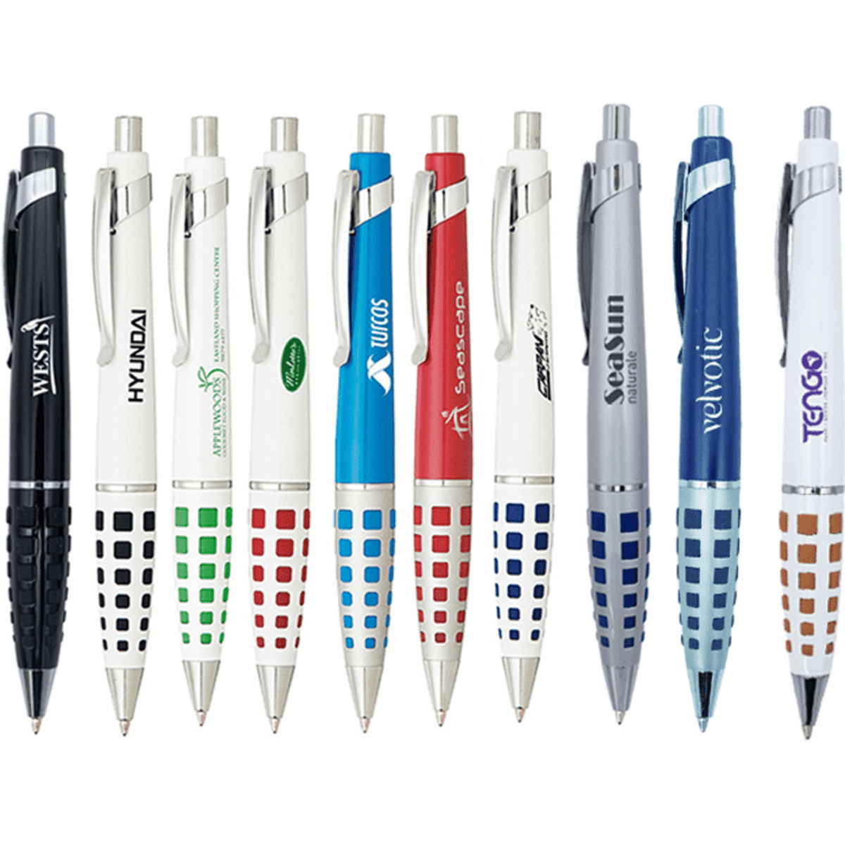 A collection of metal pens in various colours, featuring designs with grip patterns and logos.
