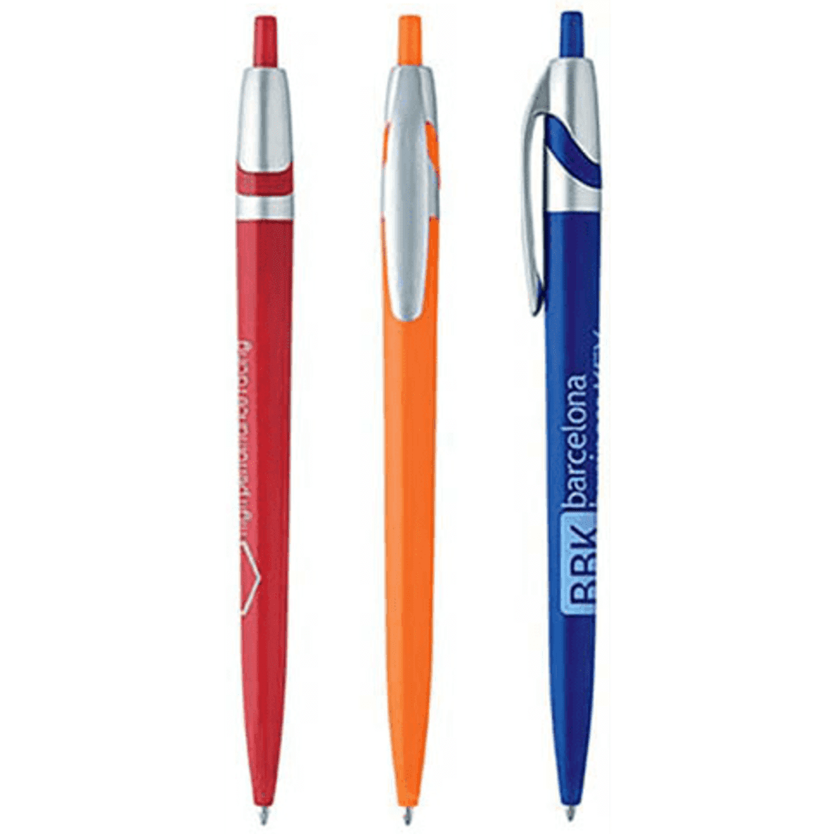 Three plastic pens in red, orange, and blue, featuring silver accents and varying designs. One pen has a logo.