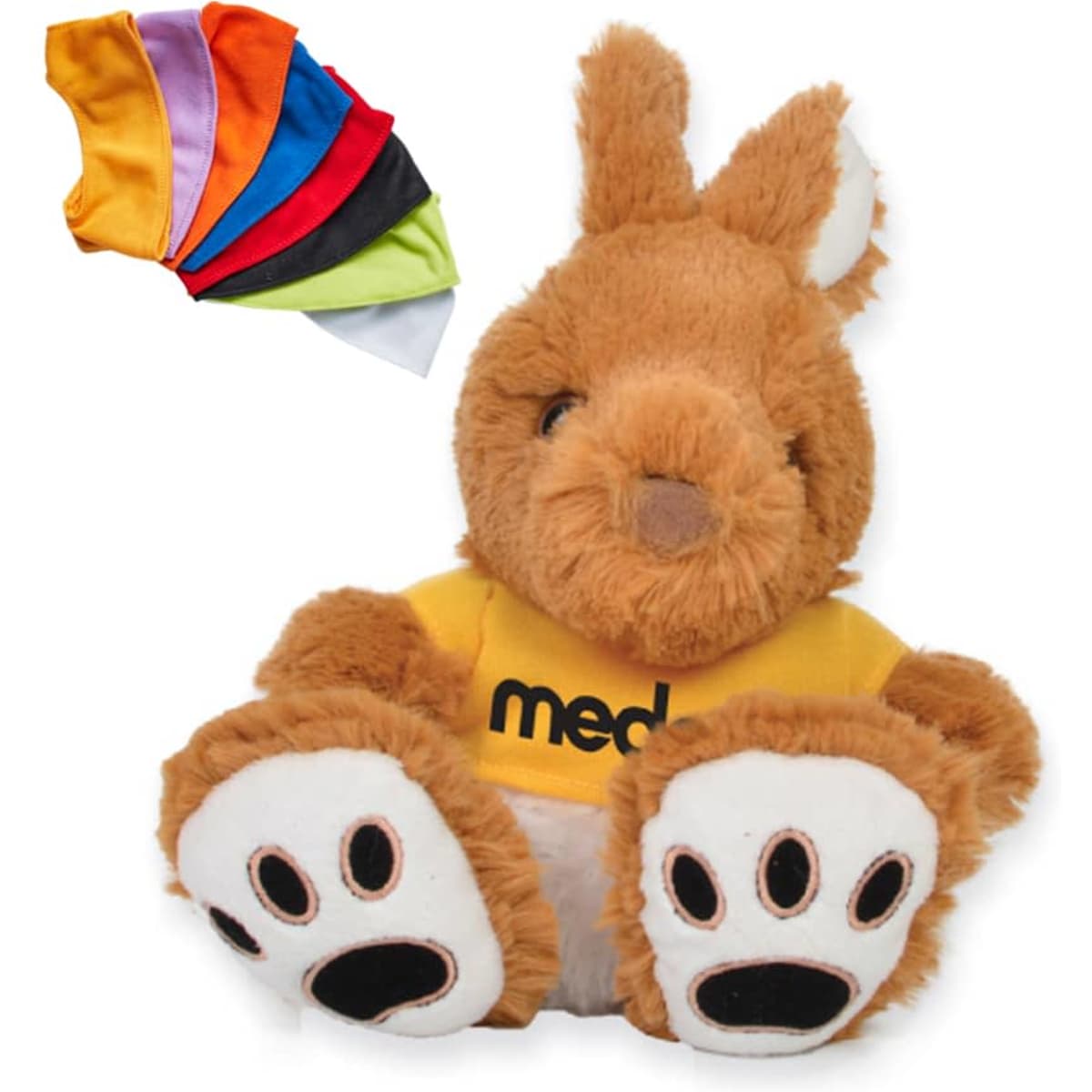 A plush kangaroo toy in brown with a yellow shirt and black branding, accompanied by colourful fabric accessories.
