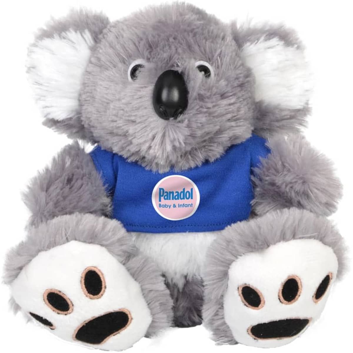 A grey plush koala with a blue shirt and white accents, featuring a small logo on the shirt.