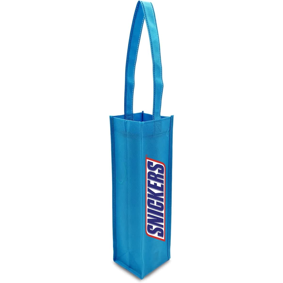 A blue non-woven single wine tote bag with a long handle and a logo.