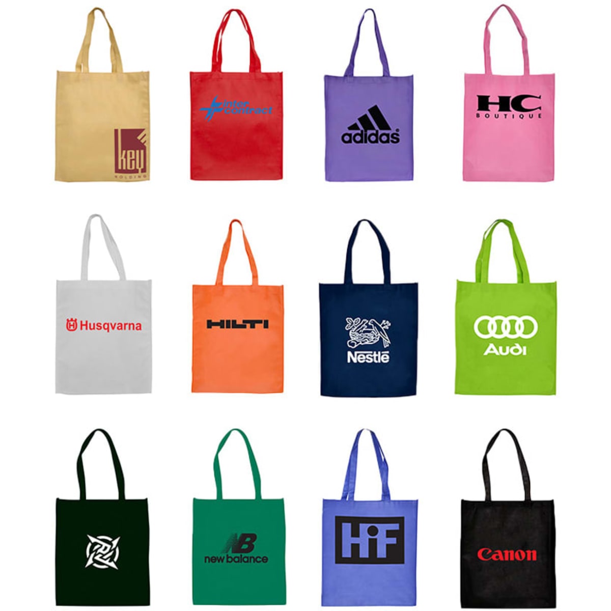 A collection of tote bags in various colours, featuring different logos and brands, arranged in a grid pattern.