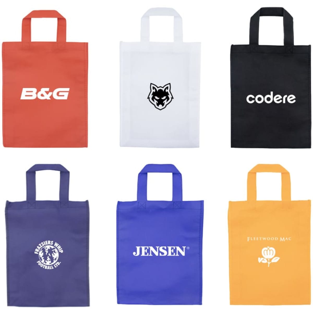 A collection of six tote bags in orange, white, black, purple, blue, and yellow, each with a logo.