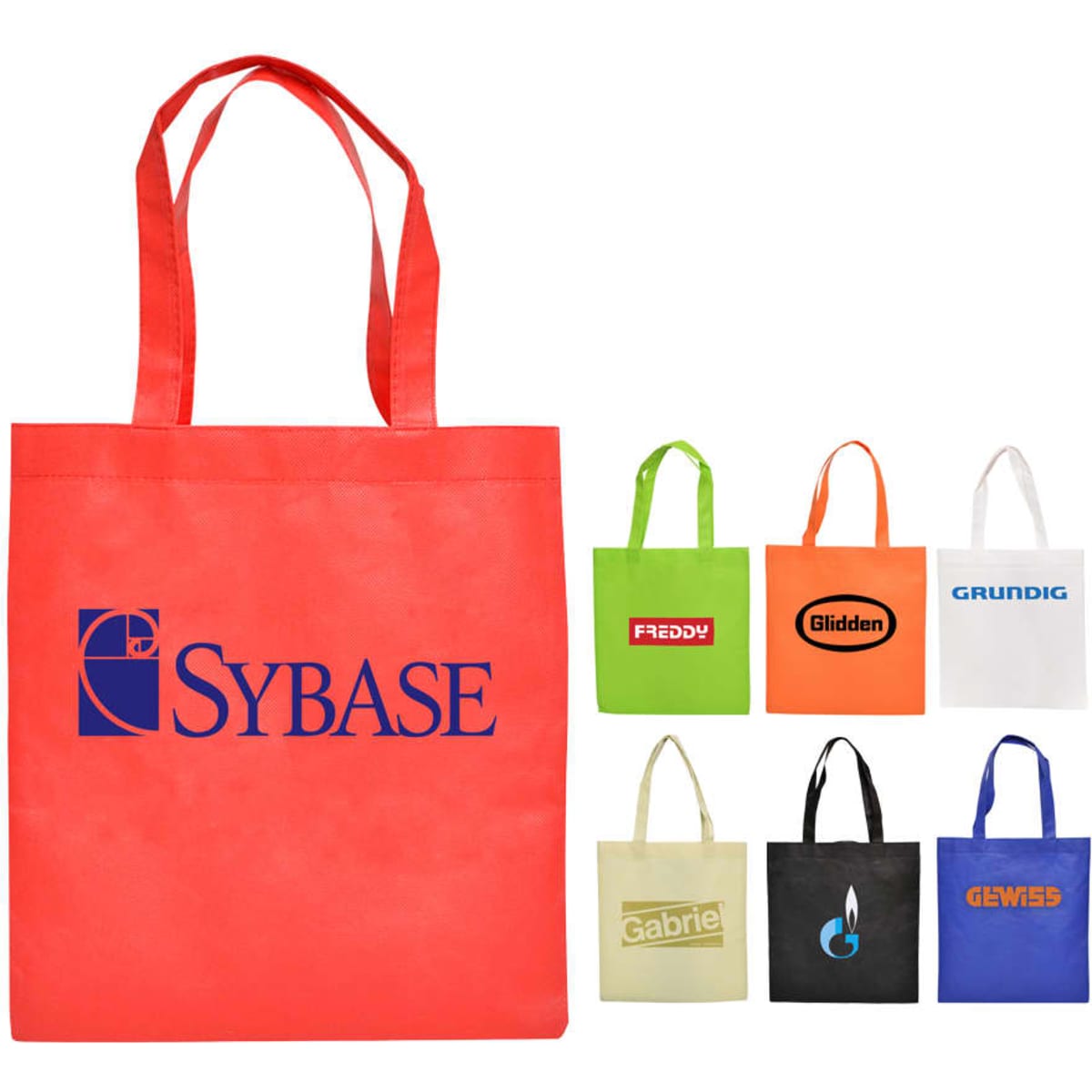 A red shopping tote bag with a logo, accompanied by various coloured tote bags in orange, white, and others.