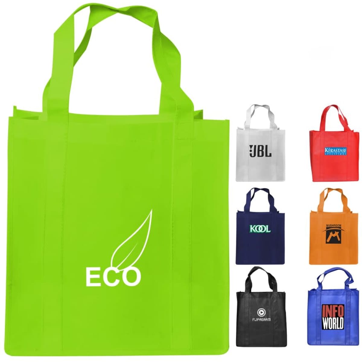A green tote bag with a gusset, accompanied by black, blue, orange, and white variations, each with logos.