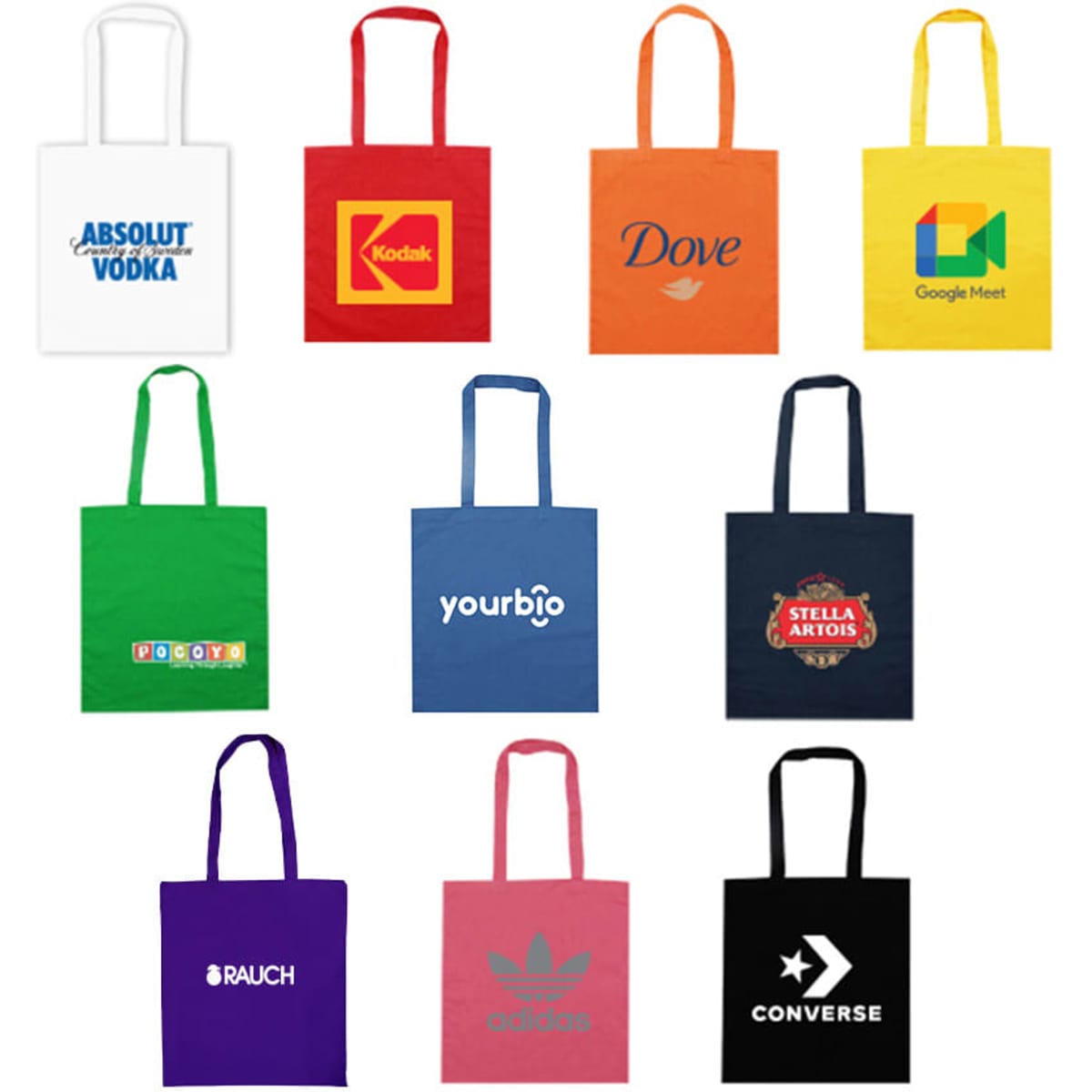 A collection of colourful tote bags in various shades with multiple logos and designs.