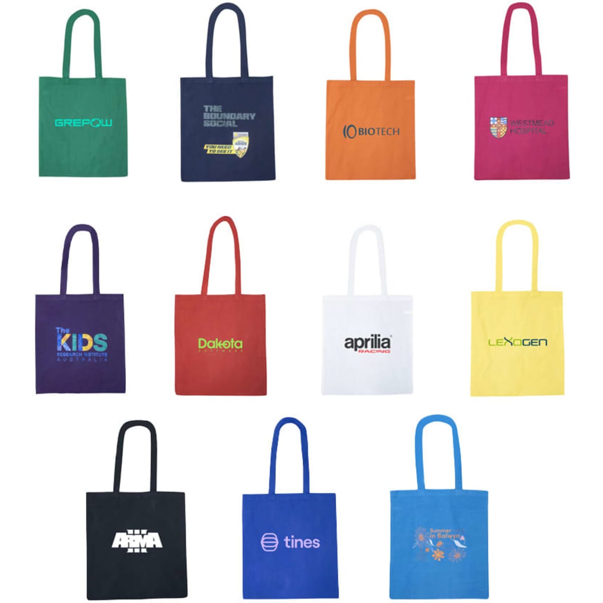 A collection of colourful cotton tote bags in various shades, featuring different logos and designs.