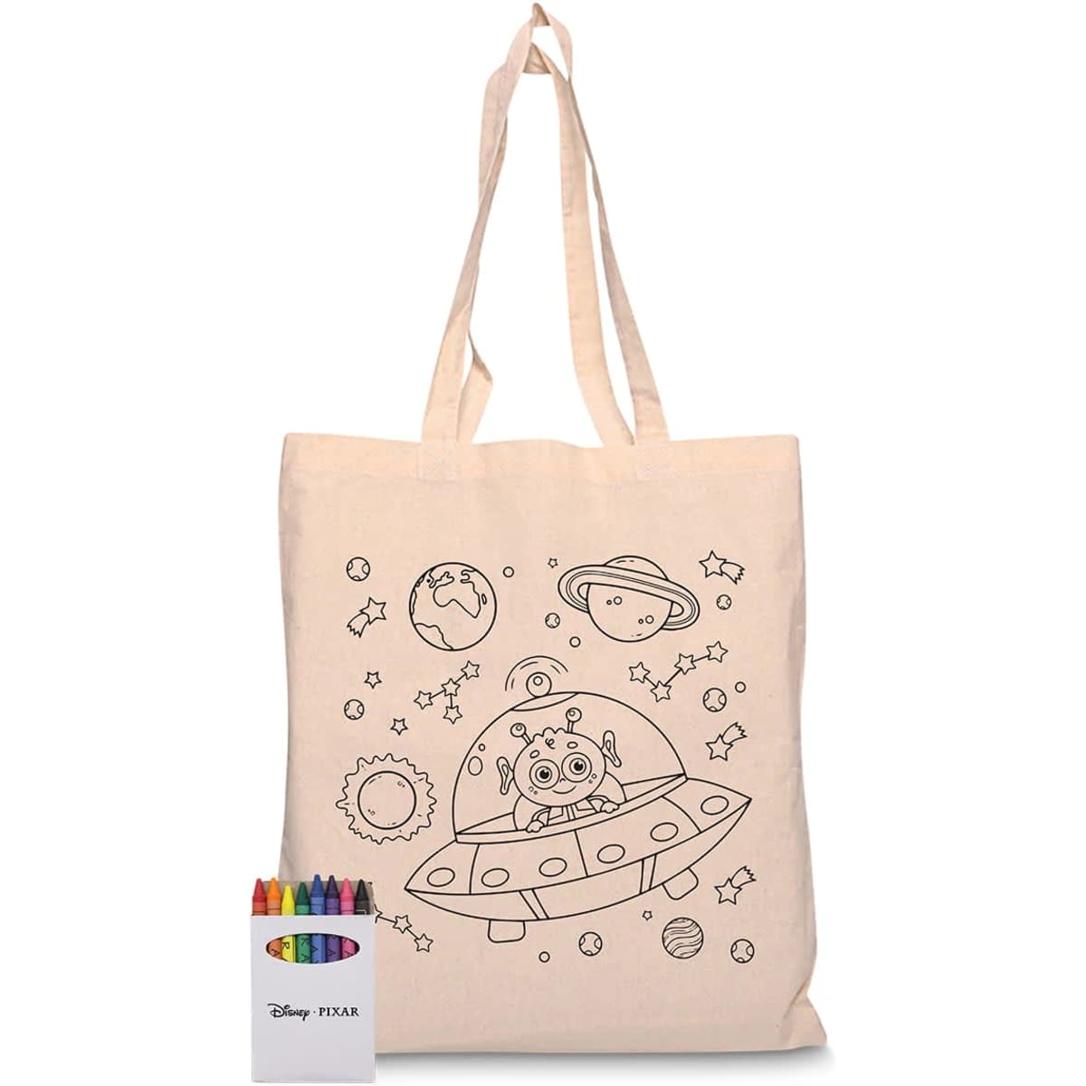 A cream calico tote bag featuring a space design with a UFO and planets, paired with a set of colourful crayons.