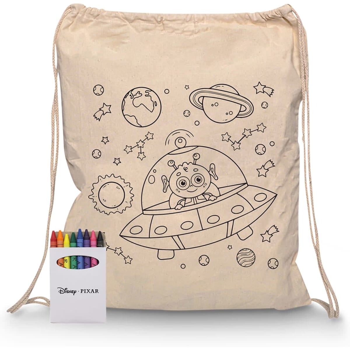 Squiggle Calico Drawstring Bag + Crayon set