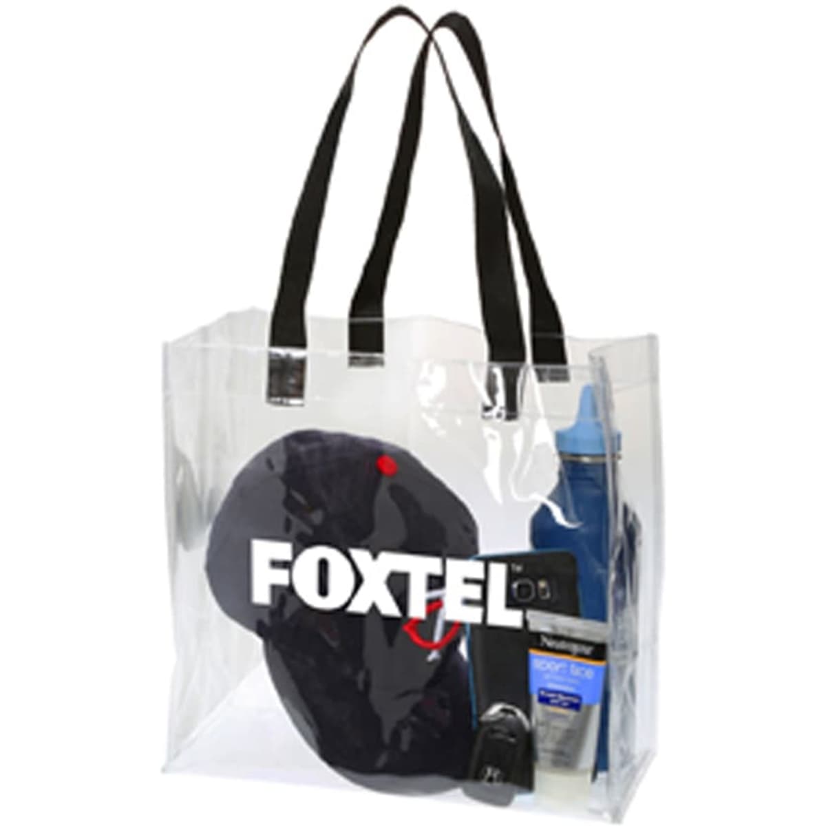 A transparent tote bag with black straps, containing a cap and various personal care items.