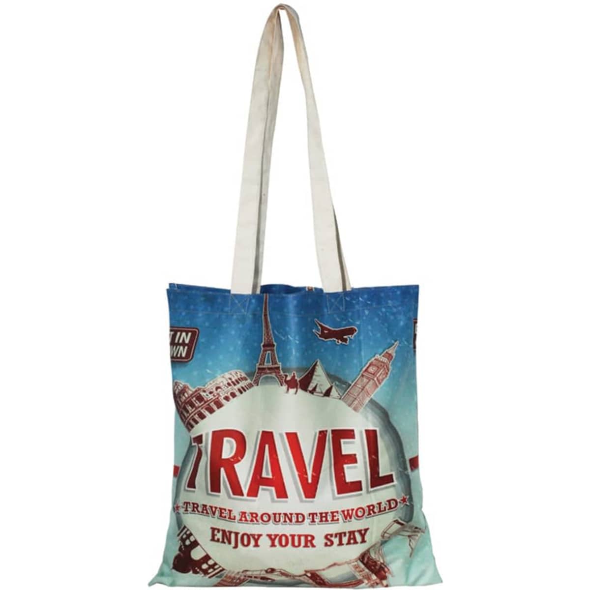 A full-colour cotton tote bag featuring travel-themed graphics and a logo, with light-coloured straps.