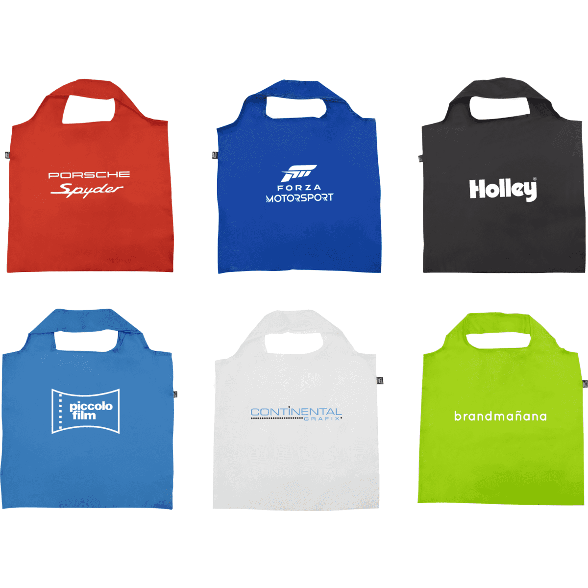 A collection of six recycled PET bags in red, grey, blue, white, and green, each with a logo.