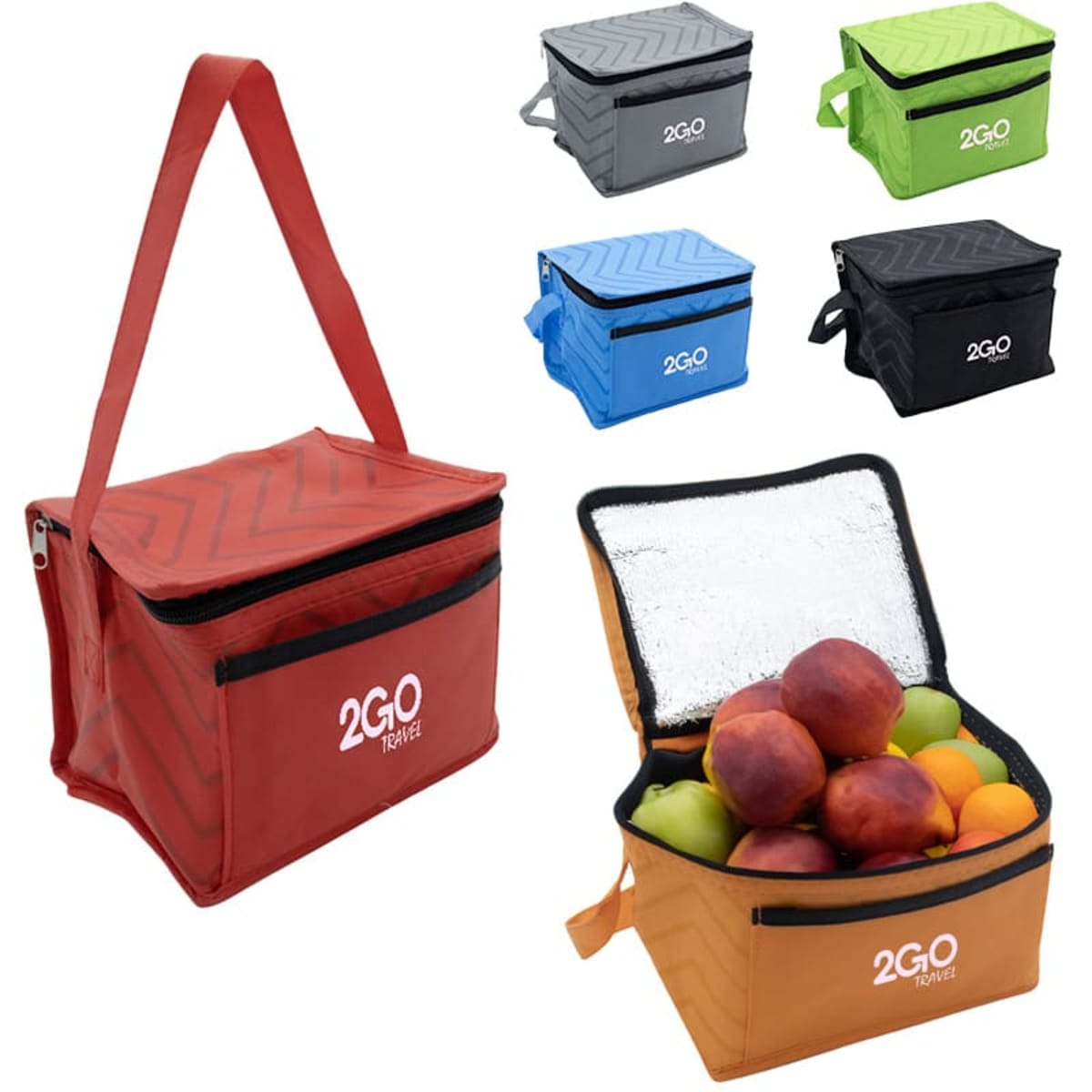 A red lunch cooler bag with a zippered top, surrounded by blue, grey, and black versions, filled with fruits.