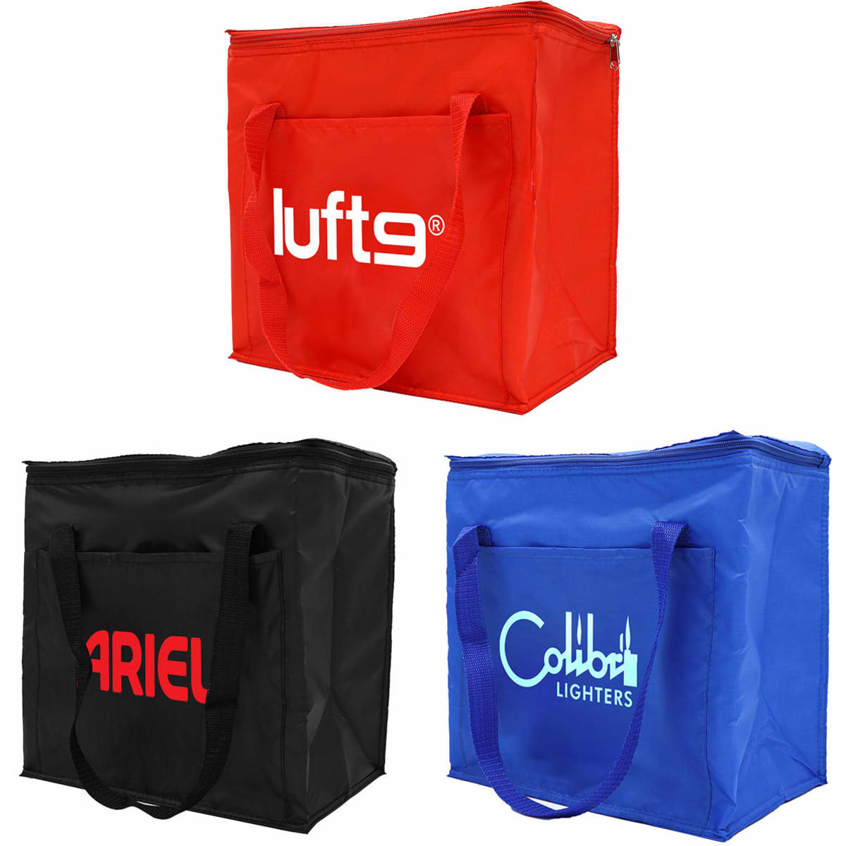 Three insulated grocery bags in red, black, and blue, featuring handles and logos on the front.