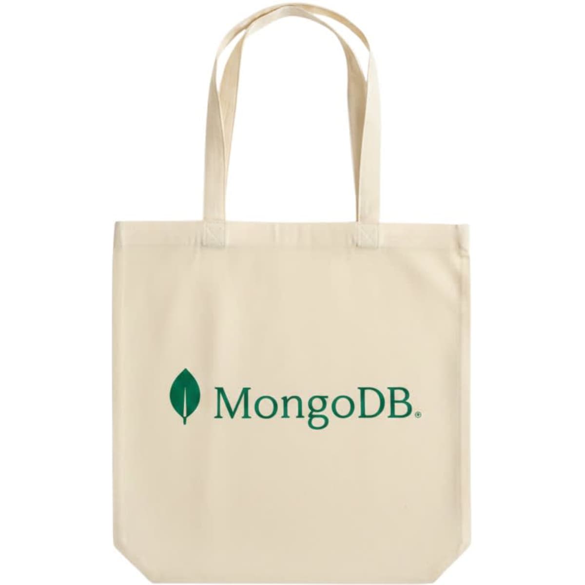 A natural beige tote bag with two handles and a logo on one side.