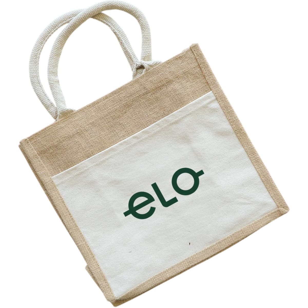 A jute tote bag featuring a natural beige and white design, with handles and a logo on the front.