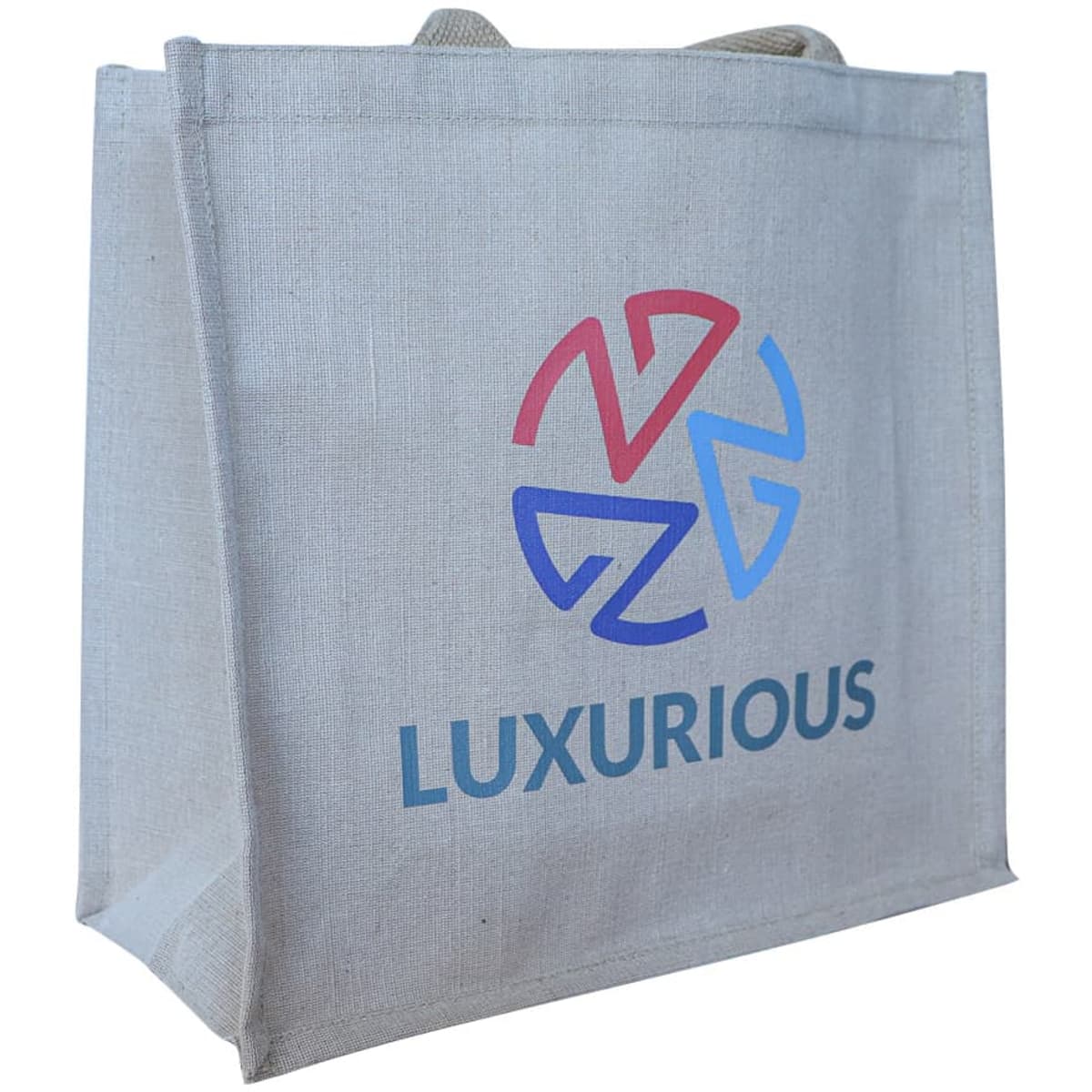A beige jute tote bag with a logo and the word “LUXURIOUS” in blue and pink.