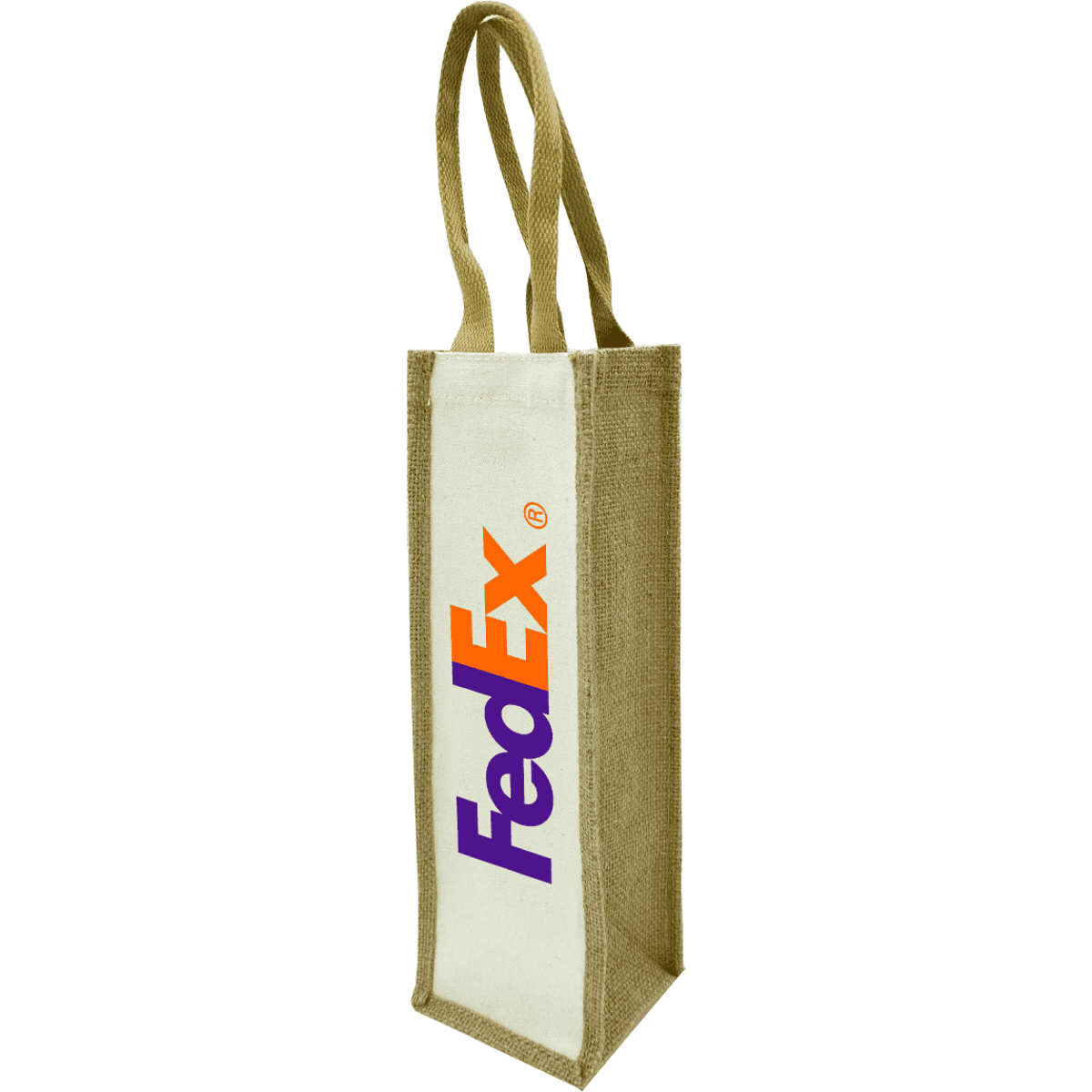 A jute single wine bag in natural brown, featuring a logo on one side and two handles for easy carrying.
