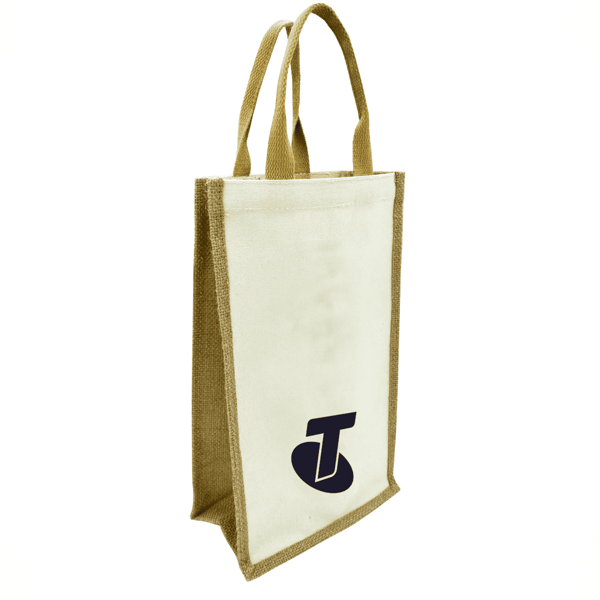 A jute double wine bag in natural and brown hues, featuring carry handles and a logo on one side.