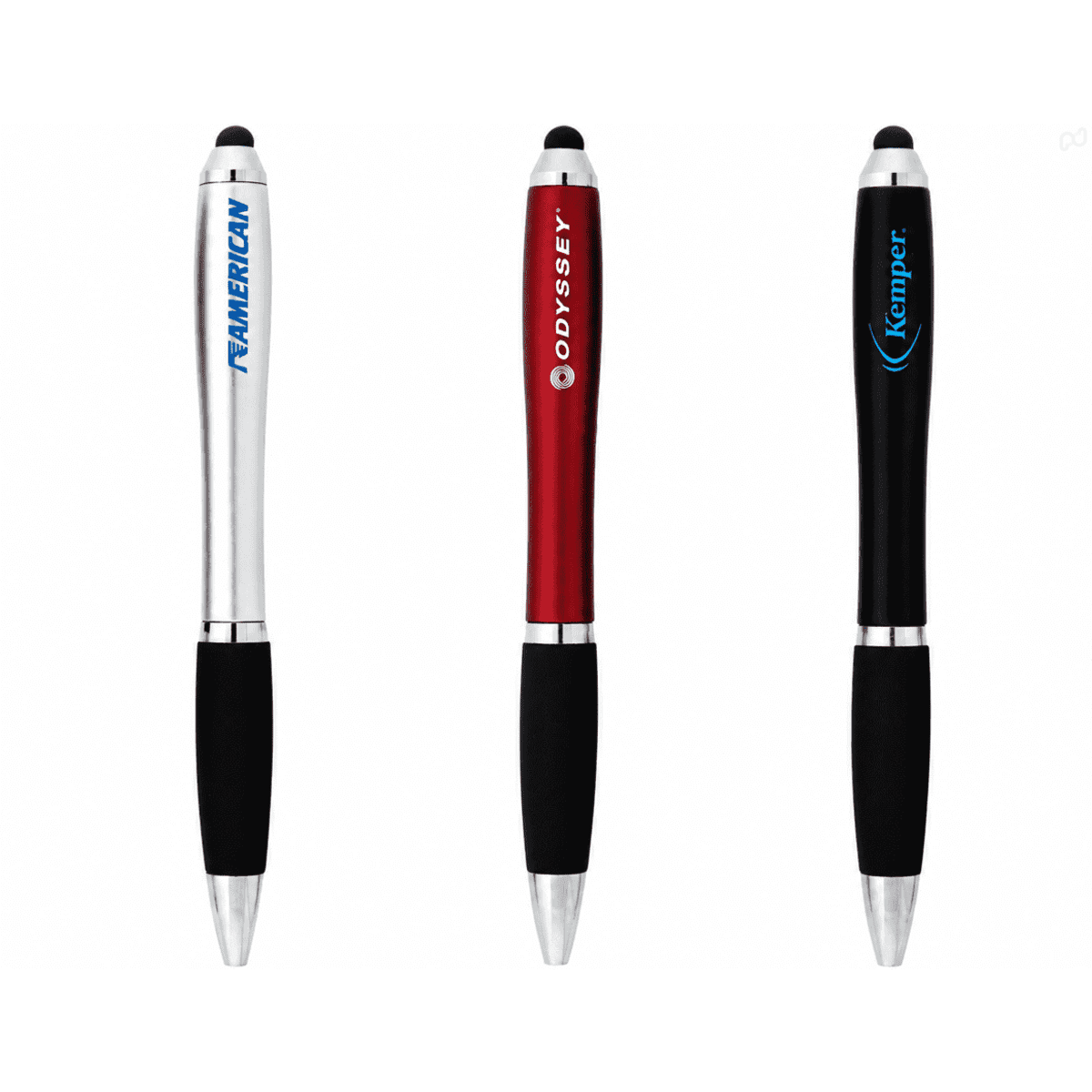 Three stylus pens in silver, red, and black, each featuring a grip and branding on the barrel.