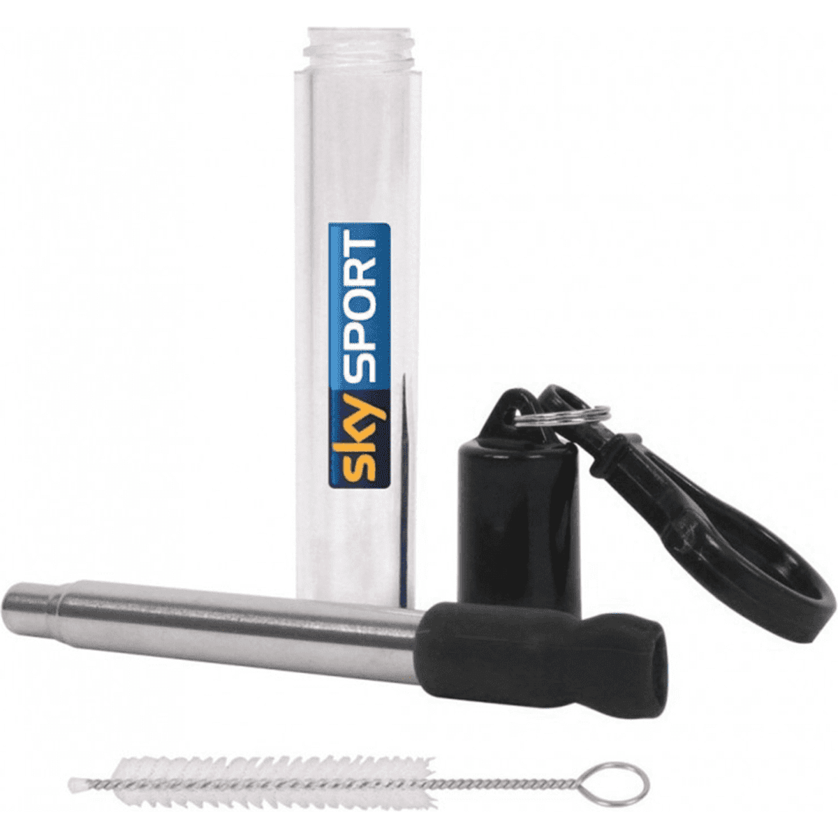 A stainless steel telescopic straw in a clear case, accompanied by a cleaning brush and a black keychain attachment.